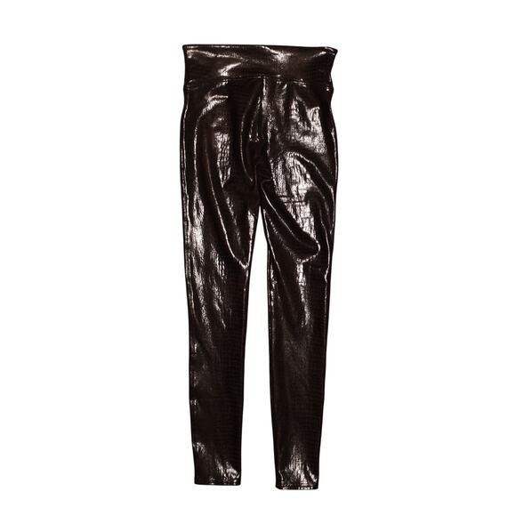 SPANX $98 Faux Leather Croc Shine Leggings Black Brown Power Waistband Small - Picture 2 of 4